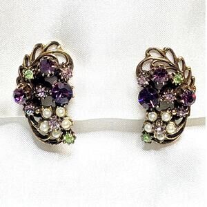 Signed Florenza Amethyst Peridot & Pearl Floral Clip-On Earrings, 1960s Vintage